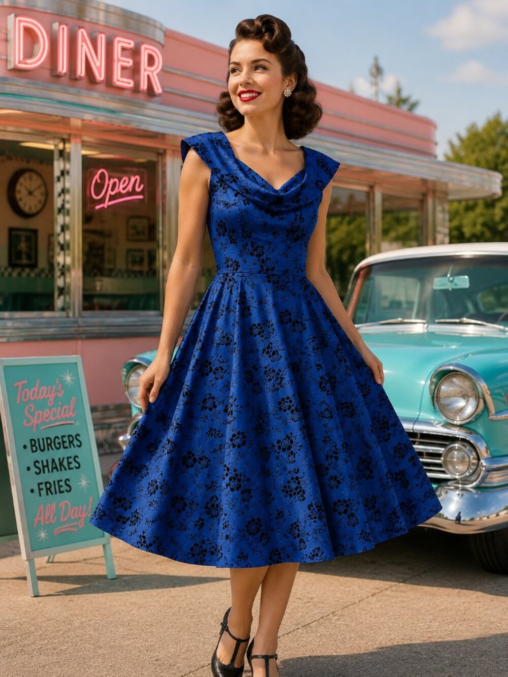 MUXXN Retro 50s Sleeveless XL Pin-Up Rockabilly Swing Dance Dress Royal Blue  Th